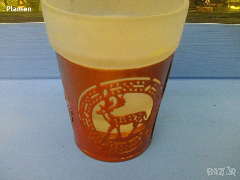 Стара матова чашка с подстакан от метал с еленче, снимка 1