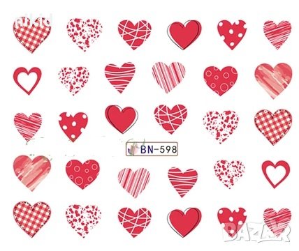 BN-598 червени сърца татос ваденки слайдер водни стикери за нокти маникюр, снимка 1