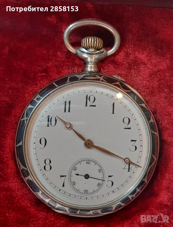 Швейцарски сребърен джобен часовник със златен мониграм, снимка 1