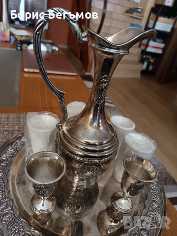 Посребрен комплект 6 бр.чаши с кана за аперитив, снимка 5 - Сервизи - 53068760
