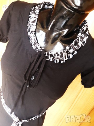 Черна къса еластична рокля с черно-бели връзки и яка С, снимка 3 - Рокли - 32888702