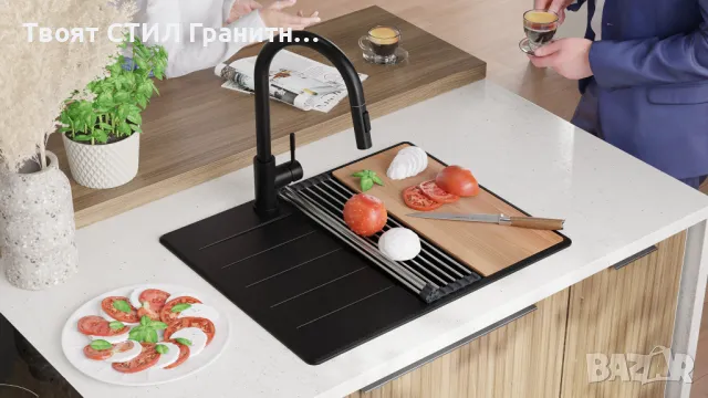 Черна кухненска мивка от гранит Копенхаген 620х500 + Смесител Top 45, снимка 2 - Мивки - 49446034
