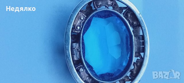 Стара сребърна брошка със син топаз, снимка 4 - Антикварни и старинни предмети - 43735463