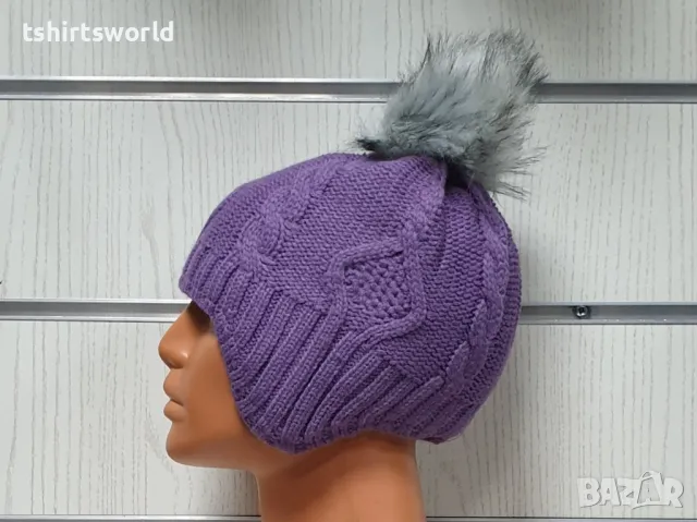 Нова детска зимна шапка тип ушанка с помпон в светлолилав цвят, снимка 4 - Шапки, шалове и ръкавици - 47894032