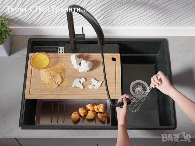 Черна кухненска гранитна мивка Париж 80 Work&Store 780 x 530 мм, снимка 3 - Мивки - 51286468