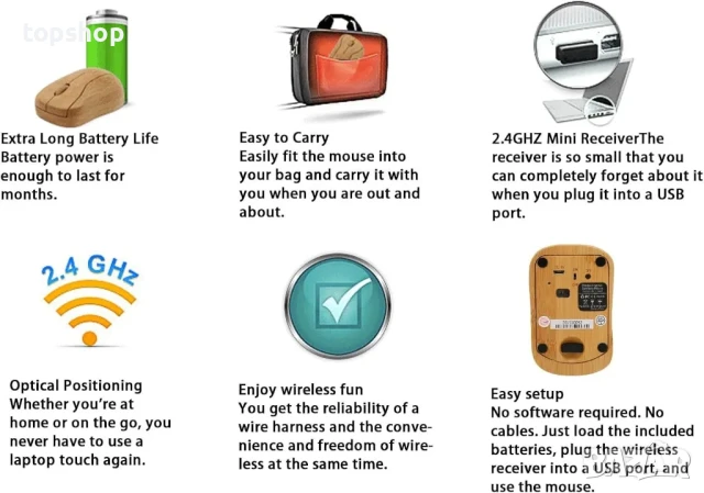 Безжична мишка Annadue, дървено бамбуково покритие, 2.4G, OTG функция, снимка 2 - Клавиатури и мишки - 50511282