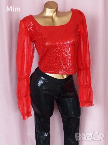 S/M Черен еластичен клин с пайети и къс топ с дълъг ръкав , снимка 3 - Клинове - 53217351