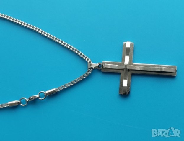 Ланец с кръст от медицинска стомана, цвят сребърен, снимка 3 - Колиета, медальони, синджири - 43997668