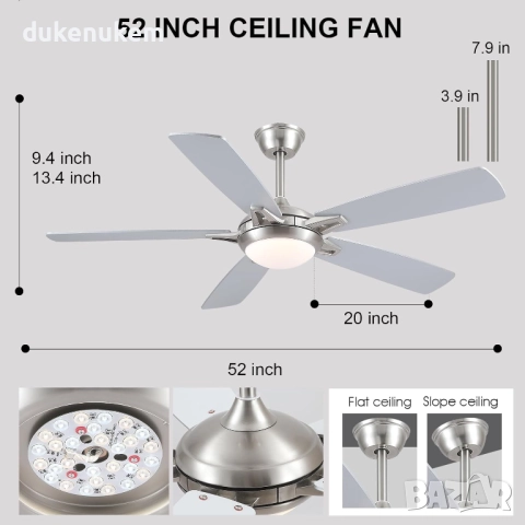 Вентилатор за таван с осветление и дистанционно управление, 132 см, снимка 2 - Вентилатори - 52086128