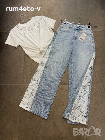 Дънки с камъни и дантела , снимка 3 - Дънки - 53025747