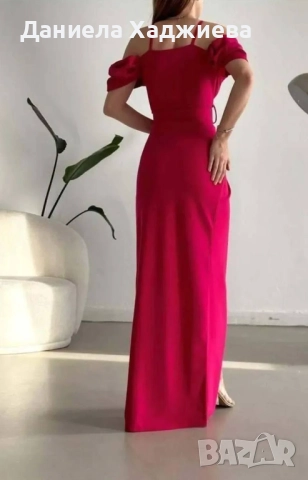 Вечерна рокля с отворени рамене и цепка -цвят фуксия , снимка 2 - Рокли - 51890640