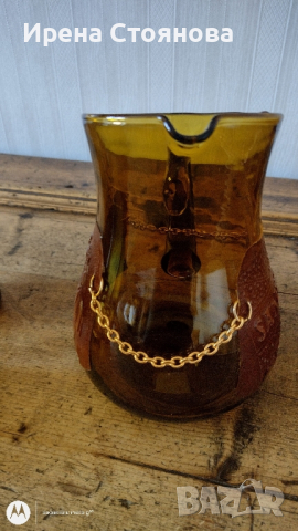 Винтидж комплект за  Сангрия от кехлибарено стъкло 70- те години на миналия век. Кана и 6 чаши, снимка 14 - Сервизи - 44875352