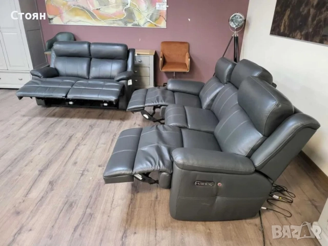 Тъмно сиви кожени дивани тройка и двойка с ел. релакс механизъм, снимка 2 - Дивани и мека мебел - 51954890