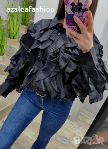 Черна дамска риза с къдри, снимка 4 - Ризи - 53082541