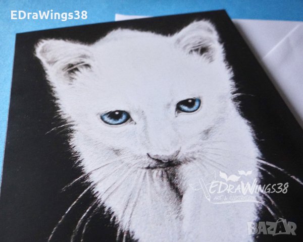 Картичка "Бяло коте" / котка, животни, принт, графика, снимка 2 - Други - 28337210