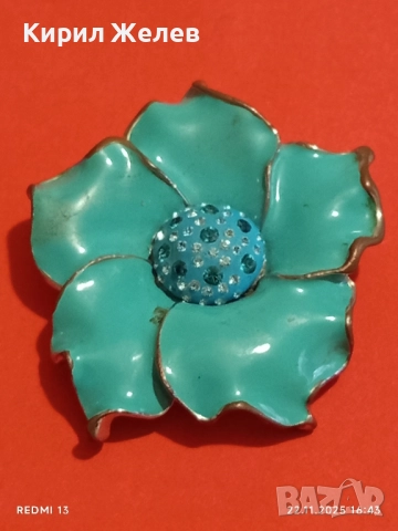 АРТ БРОШКА с ТЮРКОАЗЕНО ЕМАЙЛИРАНО ЦВЕТЕ и КРИСТАЛИ 28545, снимка 5 - Антикварни и старинни предмети - 52503904