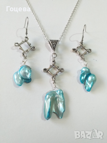Бохо комплект бижута с естествени тюркоазено-сини речни перли и орнаменти в цвят Сребро , снимка 4 - Бижутерийни комплекти - 36399992