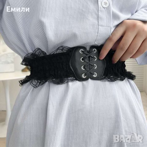 Черен колан/корсет за талия с дантела, еко кожа и връзки, снимка 2 - Корсети, бюстиета, топове - 39484184