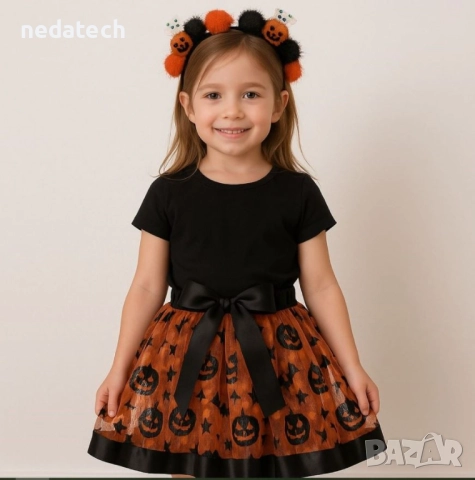 Пола и диадема Тикви и прилепи, оранжева/черна, снимка 2 - Детски рокли и поли - 52049369