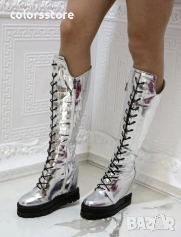 Ботуши на платформа - сребриста лъскава кожа с черно ходило - BPL20
