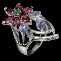 Зашеметяващ  сребърен пръстен с Изумруд,Червени Гранати и Танзанити, снимка 2 - Пръстени - 37792526