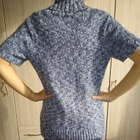 Синя плетена блуза с яка, снимка 3 - Блузи с дълъг ръкав и пуловери - 27455678