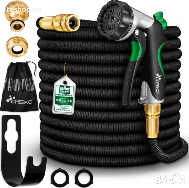 Градински маркуч TRESKO, черен, 22,5 м, първокласен, гъвкав и разширяем, снимка 1