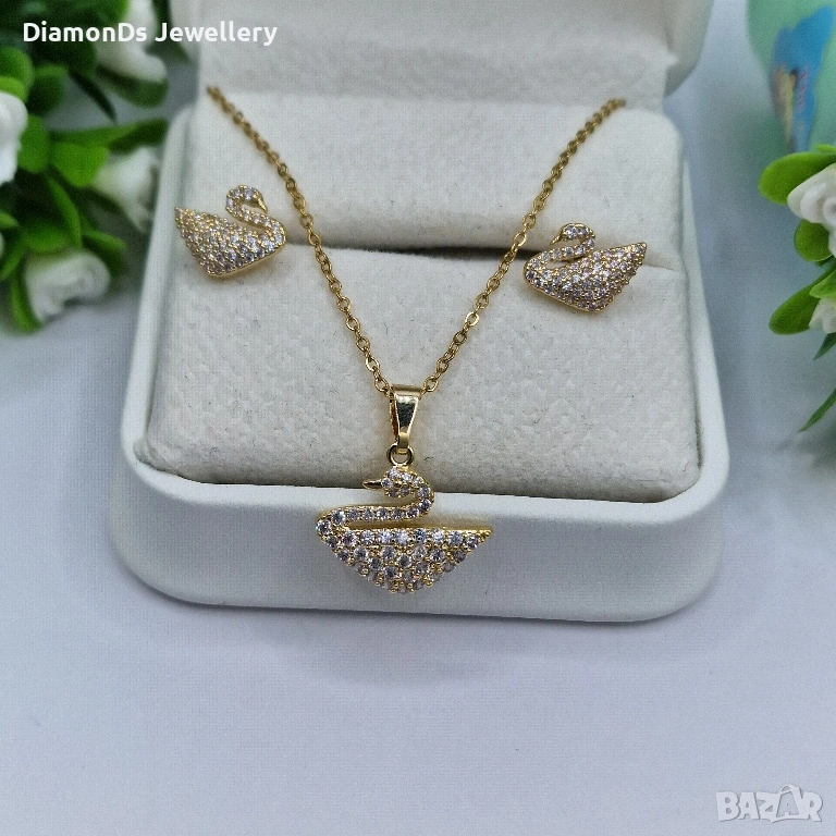 Crystal Swan Gold – дамски комплект колие и обеци 🦢 | с позлата, снимка 1