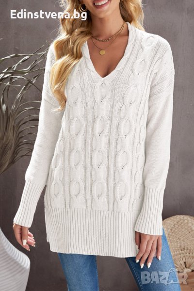 Дамски памучен пуловер в бяло, снимка 1