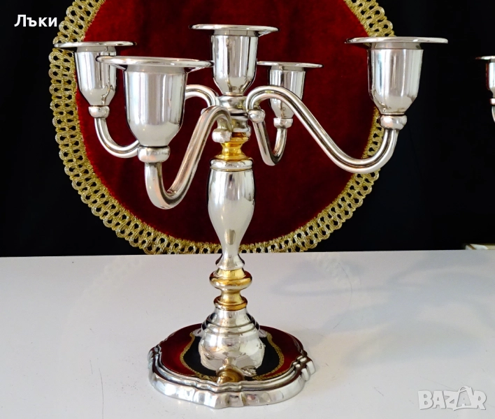 Посребрен свещник петица,позлата,800 гр.чиста мед. , снимка 1