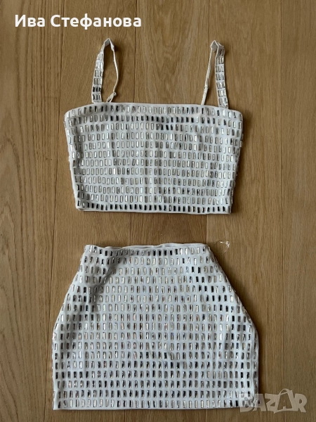 Нов бял еластичен елеганен парти официален коктейлен сет блестящи камъни диаманти цирконий, снимка 1