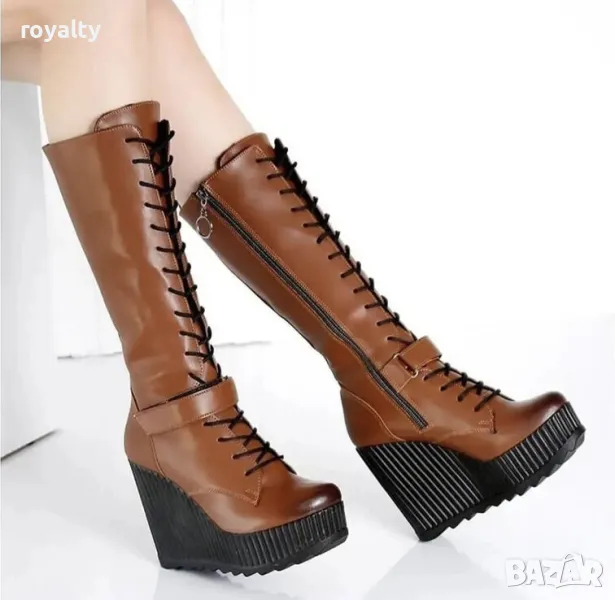 Ботуши на платформа - кафява кожа, снимка 1