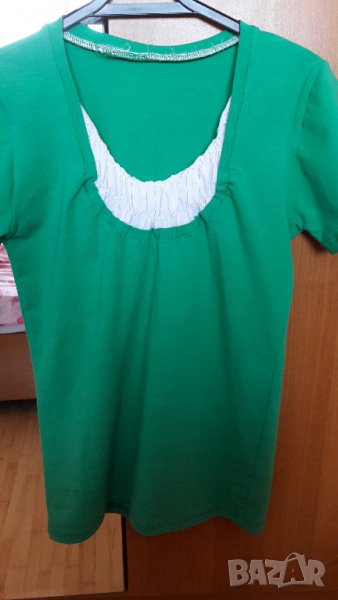 Дамска памучна зелена блуза къс ръкав с бяло деколте, снимка 1