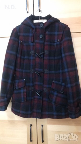 Карирано дамско/тийнеджърско зимно вълнено палто с качулка, размер S, снимка 1