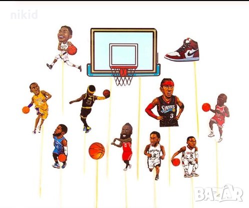 Баскетболен кош и играчи Баскетболисти картонени топери сет украса за торта мъфини парти баскетбол, снимка 1
