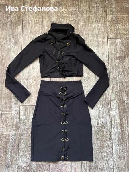 Уникален нов черен секси комплект сет две части пола висока талия топ , снимка 1