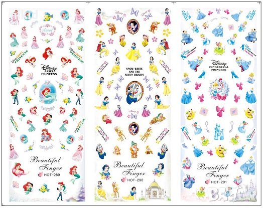 детски 3 в 1 малката русалка Ариел Снежанка Белл Пепеляшка татос ваденки водни стикери за нокти , снимка 1