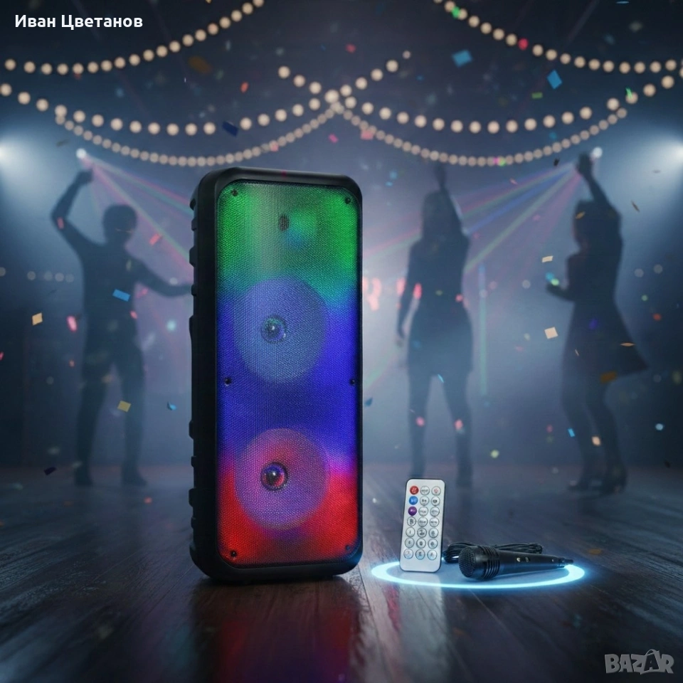 Безжична RGB тонколона – 2×8″ говорителя, Bluetooth, 1200 W, батерия 3000 mAh, снимка 1