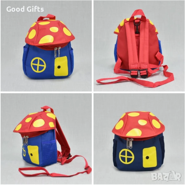 Детска текстилна раница Гъбка с джобове и дръжка за контрол – 18х23х8 см, снимка 1