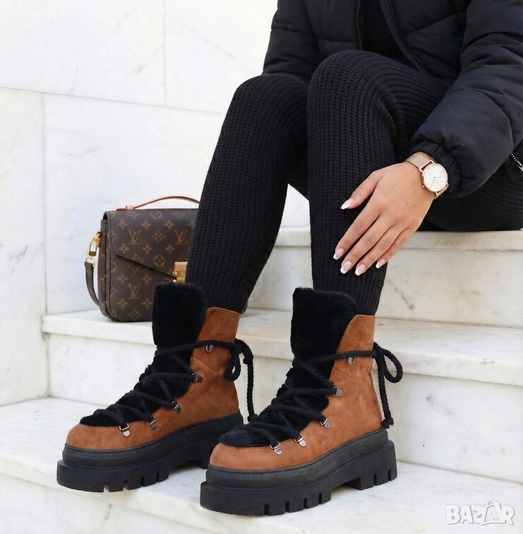 Боти на платформа - кафяво и черно велур - BPUH1 , снимка 1