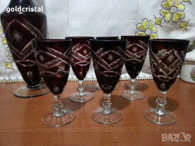 Цветен червен кристал чаши с гарафа, снимка 11 - Антикварни и старинни предмети - 43342861