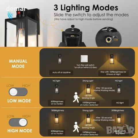 QCXWCJWD Външно стенно осветление със сензор за движение, стенен фенер със сензор, водоустойчив, снимка 3 - Външни лампи - 49885868
