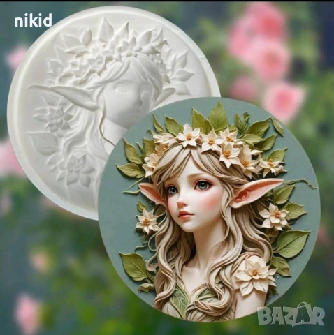 Момиче елф с цветя кръгъл силиконов молд форма фондан шоколад гипс декор 