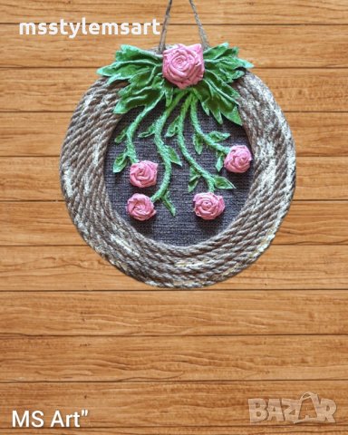 Декоративно пано от конопено въже с цветя от естествена кожа! Ръчна изработка!, снимка 3 - Пана - 35031219