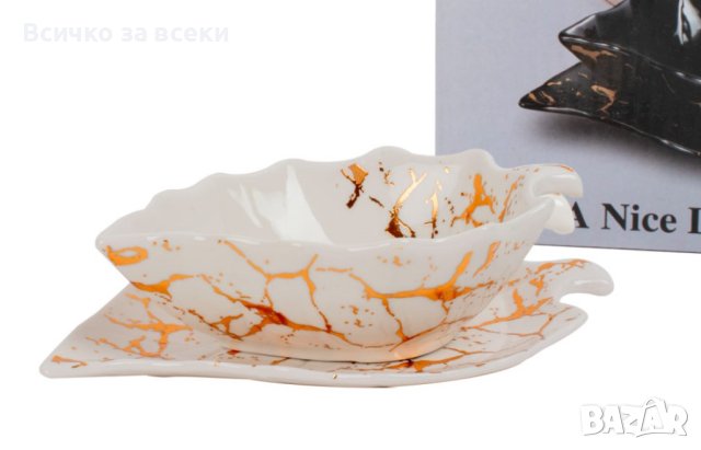 Сервиз керамична чиния и купичка във формата на листо, снимка 1