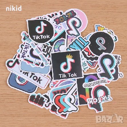 50 бр Tik Tok Тик Ток лого самозалепващи лепенки стикери за украса декор картонена торта, снимка 4 - Други - 30891306
