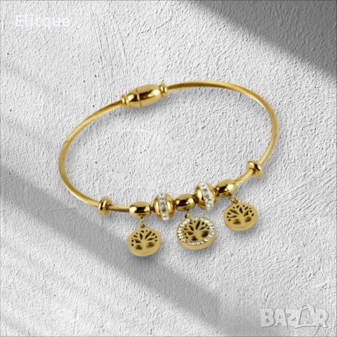 Дамска твърда гривна от медицинска стомана с висулки Дървото на живота и елементи с камъни цирконии, снимка 7 - Гривни - 52895159