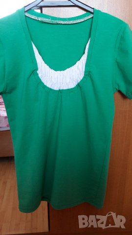 Дамска памучна зелена блуза къс ръкав с бяло деколте