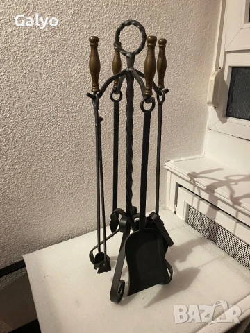  Комплект стари антични прибори, аксесоари за камина, ковано желязо и месинг