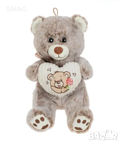 Сиво бежово плюшено мече със сърце 28 см S_1231465
